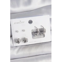 Pirinç Gümüş Renk Zirkon Taşlı Halka Model 3 Çift Kadın Küpe Seti