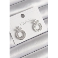 Pirinç Gümüş Renk Zirkon Taşlı Halka Model Çiçek Figür Kadın Küpe