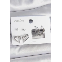 Pirinç Gümüş Renk Zirkon Taşlı Halka Model Kalp Detay 3 Çift Kadın Küpe Seti