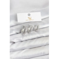 Pirinç Gümüş Renk Zirkon Taşlı Halka Model YSX Trio Küpe Seti