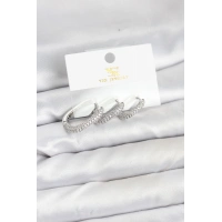 Pirinç Gümüş Renk Zirkon Taşlı Halka Model YSX Trio Küpe Seti