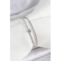 Pirinç Gümüş Renk Zirkon Taşlı Kalp Detaylı Kadın Bileklik