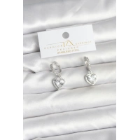 Pirinç Gümüş Renk Zirkon Taşlı Kalp Model Kadın Küpe