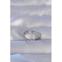 Pirinç Gümüş Renk Zirkon Taşlı Kalpli Su Yolu Model Ayarlanabilir Yüzük