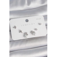 Pirinç Gümüş Renk Zirkon Taşlı Kelebek Model İnci Detay 925 Ayar Gümüş Çivi Kadın Küpe Seti