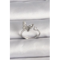 Pirinç Gümüş Renk Zirkon Taşlı Kelebek Model İnci Detay Ayarlanabilir Yüzük