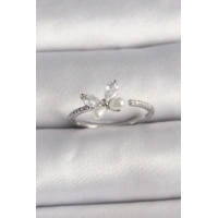 Pirinç Gümüş Renk Zirkon Taşlı Kelebek Model İnci Detaylı Ayarlanabilir Yüzük