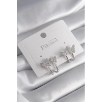 Pirinç Gümüş Renk Zirkon Taşlı Kelebek Model Kadın Küpe