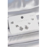 Pirinç Gümüş Renk Zirkon Taşlı Kuğu Model 925 Ayar Gümüş Çivi Kadın Küpe Seti