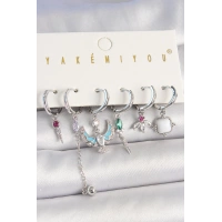 Pirinç Gümüş Renk Zirkon Taşlı Kuş Figür Çiçek Detay 6Lı Kadın Kombin Küpe