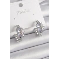 Pirinç Gümüş Renk Zirkon Taşlı Kutup Yıldız İşleme Detay Kadın Küpe