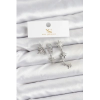 Pirinç Gümüş Renk Zirkon Taşlı Kutup Yıldızı Model YSX Trio Küpe Seti