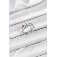 Pirinç Gümüş Renk Zirkon Taşlı Mavi Çiçekli Kadın Yüzük