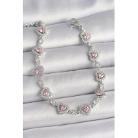 Pirinç Gümüş Renk Zirkon Taşlı Pembe Kalp Model VIP Seri Kadın Bileklik