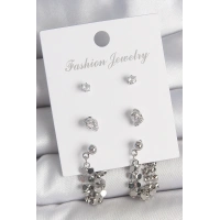 Pirinç Gümüş Renk Zirkon Taşlı Pullu Sallantılı Model 3 Çift Kadın Küpe Seti