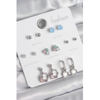 Pirinç Gümüş Renk Zirkon Taşlı Sallantı Halka Model Çiçek Detay 7 Çift Kadın Küpe Seti