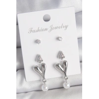 Pirinç Gümüş Renk Zirkon Taşlı Sallantılı Kalp Model 3 Çift Kadın Küpe Seti