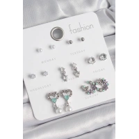 Pirinç Gümüş Renk Zirkon Taşlı Sallantılı Kalp Model Çiçek Detay 7 Çift Kadın Küpe Seti