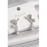 Pirinç Gümüş Renk Zirkon Taşlı Turna Kuşu Model Sallantı Detay Kadın Küpe