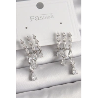 Pirinç Gümüş Renk Zirkon Taşlı Yağmur Model Kadın Küpe