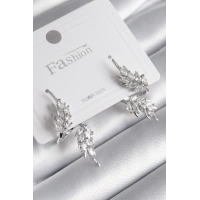 Pirinç Gümüş Renk Zirkon Taşlı Yaprak Model Kadın Küpe