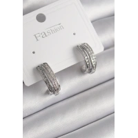 Pirinç Gümüş Renk Zirkon Taşlı Yarım Halka Model Kadın Küpe