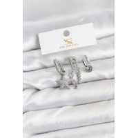 Pirinç Gümüş Renk Zirkon Taşlı Yıldız Vintage Model YSX Trio Küpe Seti