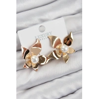 Pirinç İnci Detaylı Çiçek Model Gold Renk Kadın Küpe