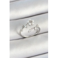 Pirinç İnci Detaylı Papatya Figürlü Zirkon Taşlı Gümüş Renk Ayarlanabilir Kadın Yüzük