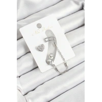 Pirinç Kalp Figürlü Zirkon Taşlı Gümüş Renk 3lü Kıkırdak Kadın Küpe Set