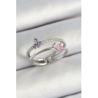 Pirinç Kalp Ve Çiçek Figürlü Zirkon Taşlı Gümüş Renk Ayarlanabilir Kadın Yüzük