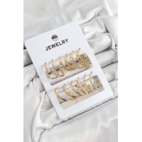 Pirinç Karışık Halka Model Gold Renk 6 Çift Kadın Küpe Set
