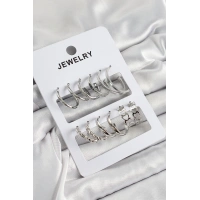 Pirinç Karışık Halka Model Gümüş Renk 6 Çift Kadın Küpe Set