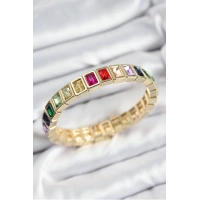 Pirinç Karışık Zirkon Taşlı Dikdörtgen Model Gold Renk Lastikli Kadın Bileklik