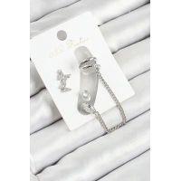 Pirinç Kelebek Figürlü Zirkon Taşlı Gümüş Renk 3lü Kıkırdak Kadın Küpe Set