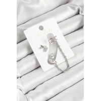 Pirinç Kelebek Figürlü Zirkon Taşlı Gümüş Renk 3lü Kıkırdak Kadın Küpe Set