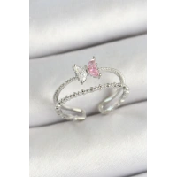 Pirinç Kelebek Figürlü Zirkon Taşlı Gümüş Renk Ayarlanabilir Kadın Yüzük