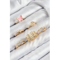 Pirinç Kelebek Ve Kalp Model Gold Renk Kadın Yüzük Kombin Set