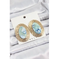 Pirinç Mermer Desenlli Mavi Sedef Oval Vintage Model Gold Renk Kadın Küpe