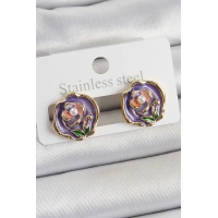 Pirinç Mor Mineli Çiçek Figürlü Sanatsal Portre Model Gold Renk Kadın Küpe