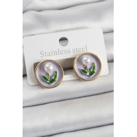 Pirinç Mor Mineli Lale Figürlü Sanatsal Portre Model Gold Renk Kadın Küpe