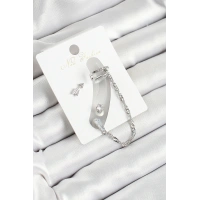 Pirinç Ok Figürlü Zirkon Taşlı Gümüş Renk 3lü Kıkırdak Kadın Küpe Set