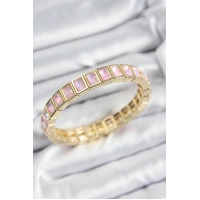 Pirinç Pembe Zirkon Taşlı Dikdörtgen Model Gold Renk Lastikli Kadın Bileklik