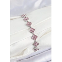 Pirinç Pembe Zirkon Taşlı Yonca Model Gümüş Renk VIP Seri Kadın Bileklik