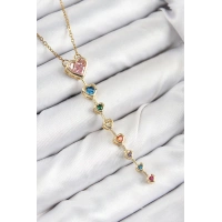 Pirinç Renkli Zirkon Taşlı Kalp Model Gold Renk Kadın Y Kolye