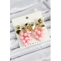 Pirinç Sallantılı Pembe Boncuklu Fiyonk Vintage Model Gold Renk Kadın Küpe