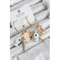 Pirinç Sallantılı Seramik Balık Ve Deniz Kabuğu Model Gold Renk Kadın Küpe