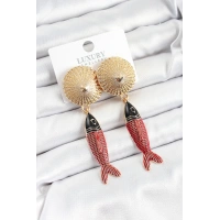 Pirinç Sallantılı Zirkon Taşlı Kırmızı Siyah Balık Model Gold Renk Kadın Küpe