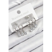 Pirinç Sallantılı Zirkon Taşlı Model Gümüş Renk Kadın Küpe