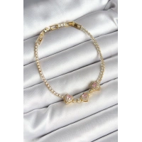 Pirinç Sıralı Pembe Kalp Figürlü Zirkon Taşlı Gold Renk Kadın Bileklik